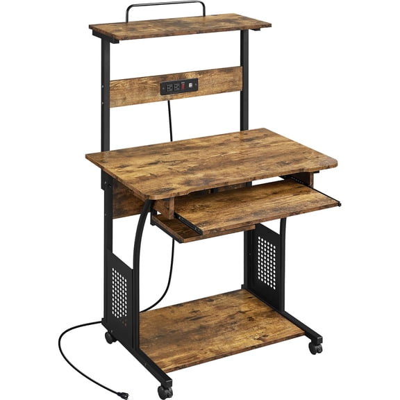 YounGG 3 Tiers Rolling Computer Desk with Power Outlet and USB Ports for Space Saving, Home Office Desk with Keyboard Tray and Printer Shelf on Wheels, Laptop PC Workstation Table, Rustic Brown