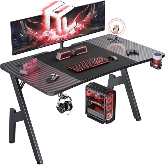 YounGG 47 Inch Gaming Desk, Large Computer Gaming Desk Table with Cable Management, Ergonomic Carbon Fiber Gamer Table Pc Work Home Office Desks with Cup Holder&Headphone Hook&Mouse Pad,Black