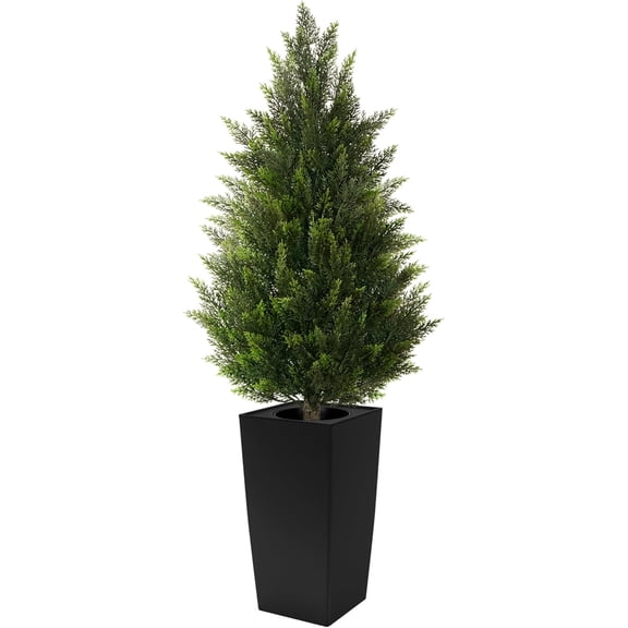 YounGG  4FT Tall Artificial Cedar Topiary Tree with Compact Pyramidal Shape, Realistic Faux Cypress in Square Black Pot with Fillable Water Bag, Outdoor Evergreen for Front Porch Garden Home Decor
