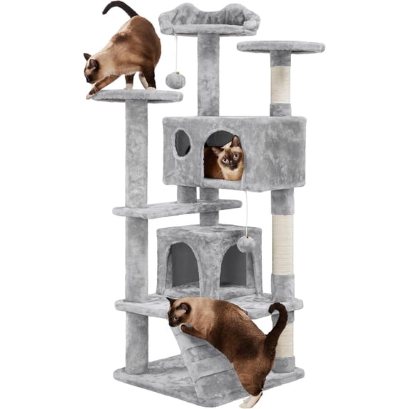 YounGG 54in Cat Tree, Multi-Level Cat Tower with Spacious Kitten-ear Perch, 2 Cozy Caves, Scratching Posts, Climbing Ladder, 2 Plush Balls, Durable Pet House Furniture for Indoor Kitten, Light Gray