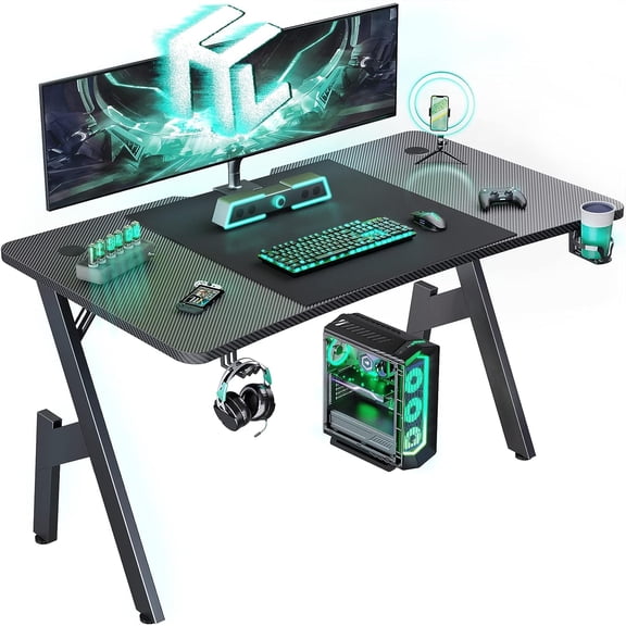 YounGG 55 Inch Gaming Desk,Large Computer Desk Gaming Table with Cable Management, Ergonomic Carbon Fiber Gamer Table Pc Work Home Office Desks with Cup Holder&Headphone Hook & Mouse Pad,Black