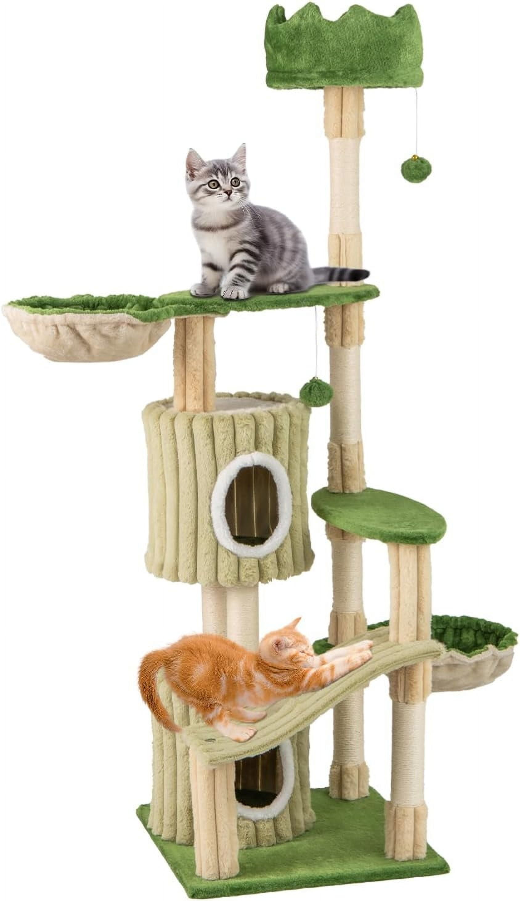 YounGG 63 Inch Tall Cat Tree, Cute Green Cat Tower with 2 Condos, Plush Top Perch, 2 Basket Beds, Sisal Scratching Posts, 2 Dangling Balls, Slide Platform, Large Aesthetic Cat Tree for Indoor Cats