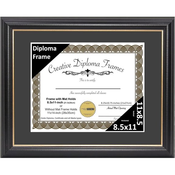 YounGG 8.5" x 11" Rockefeller Black w/Gold Rim Diploma Frame, Displays 8.5" x 11" Certificate or 11" x 14" Document w/o Mat, College Degree Frame, Full-Strength Glass, Black Mat