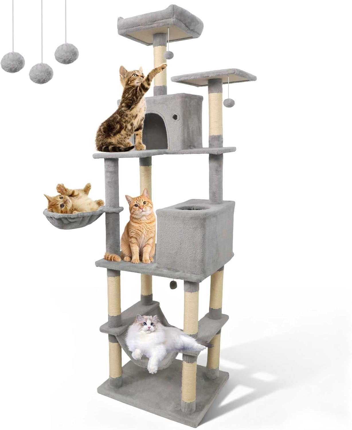 YounGG 80 Inch Tall Cat Tree, Multi-Level Cat Tower with Sisal Scratching Posts, 2 Condos, Plush Perch, Hammock, Basket, Dangling Toys, Cat Climbing Furniture for Indoor Cats (Light Gray)