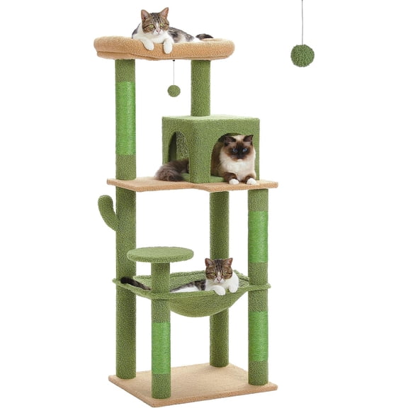 YounGG Cactus Cat Tree for Large Cats with Metal Plush Big Hammock, 56.3" Cat Tower for Indoor Cats with 2 Door Condo House, 6-Tier Cat Shelves with Scratching Posts and Large Top Perch,Green