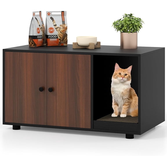 YounGG Cat Litter Box Enclosure, Hidden Litter Box Furniture with Scratching Board, Double Doors, Modern Indoor Cat House End Table, Wooden Cat Washroom Cabinet (Black+Walnut)