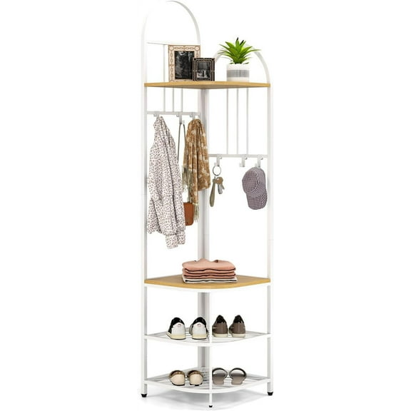 YounGG Corner Hall Tree, 71 Inch Tall Entryway Coat Rack with Shoe Bench & 4 Storage Shelves, 6 Movable Hooks, Freestanding Metal Corner Clothes Rack for Bedroom Hallway Living Room