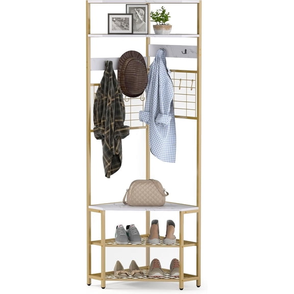 YounGG Corner Hall Tree, 73" Tall Coat Rack w/Shoe Storage Bench, 12 Metal Hooks, 5-Tier Entryway Shoes Shelf Organizer, Freestanding Clothes Rack for Living Room, Bedroom (White & Gold)