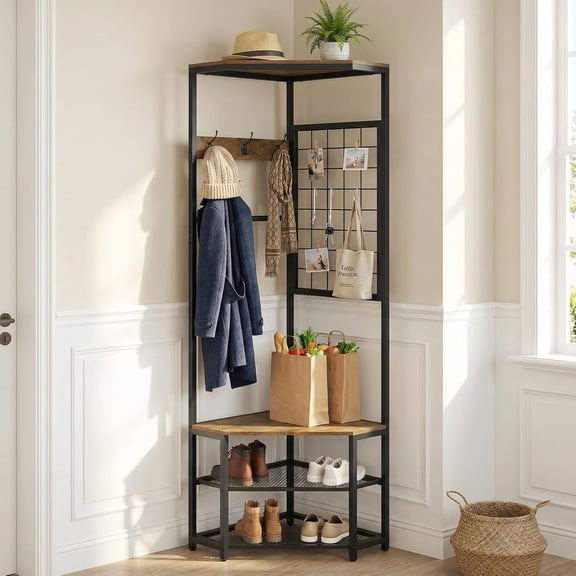 YounGG Corner Hall Tree with Shoe Bench, 4-Tier Freestanding Coat Rack with Hooks & 2-Tier Metal Wire Shoe Rack, Industrial Corner Storage Organizer for Entryway, Hallway, Bedroom