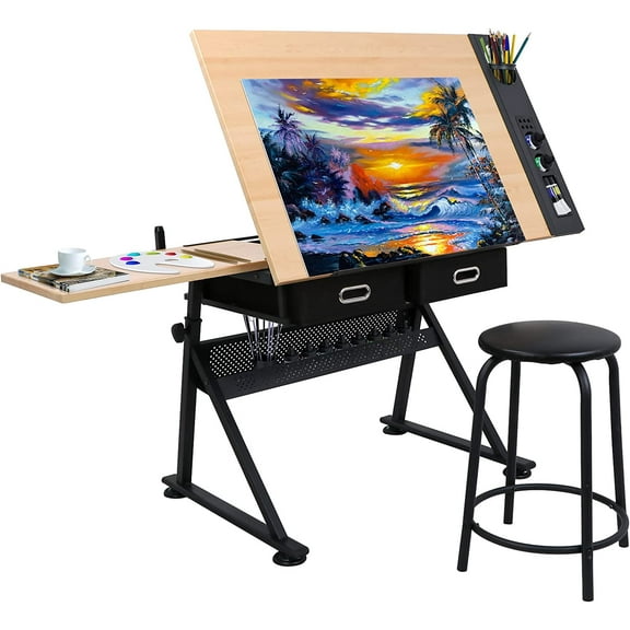 YounGG Drafting Table Art Desk Drawing Table Height Adjustable Artist Table with Tilted Tabletop, Drafting Stool and Storage Drawer for Reading, Writing, Crafting, Painting Art