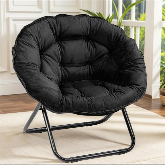 YounGG Folding Saucer Chair, Oversized Lazy Moon Chair with Metal Frame, Comfy Bedroom Chairs for Bedroom, Living Room, Study Black JC