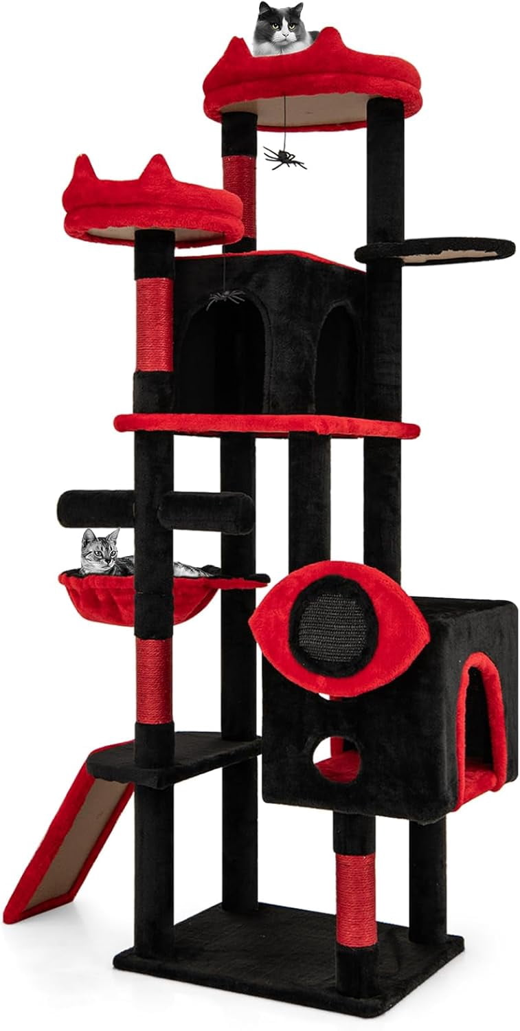 YounGG Gothic Cat Tree, Large Spooky Cat Tower with Sisal Scratching Posts & Ramp, 2 Cat Condos, 2 Devil Ear-Shaped Perches, Spider Toys, Bat-Shaped Platform, Basket Bed, Goth Cat Tree, Black & Red