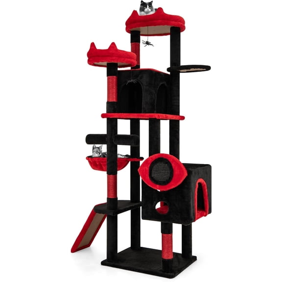 YounGG Gothic Cat Tree, Large Spooky Cat Tower with Sisal Scratching Posts & Ramp, 2 Cat Condos, 2 Devil Ear-Shaped Perches, Spider Toys, Bat-Shaped Platform, Basket Bed, Goth Cat Tree, Black & Red