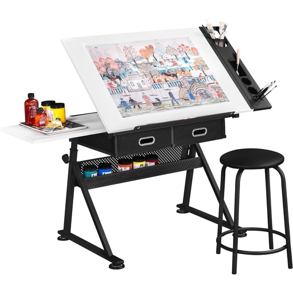 YounGG Height Adjustable White Art Desk for Adults, Tilting Tabletop Drafting Drawing Table with Extra Large Desktop and Drawers, Foldable Stand up Craft Painting Table and Chair Set with Stools
