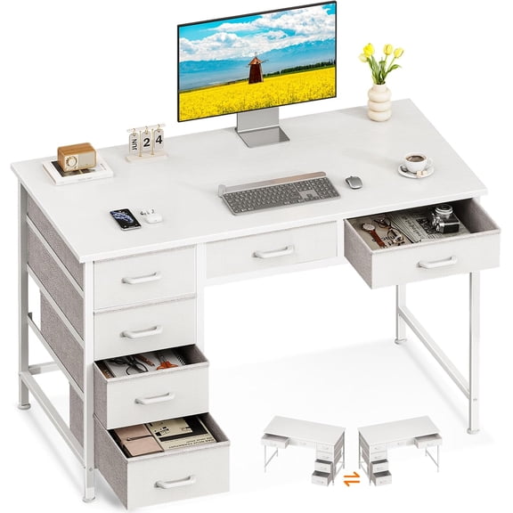 YounGG Lane Computer Desk with 6 Drawers, 40 Inch Small Desk with Storage, Reversible Desk for Home Office, Work Study Table for Bedroom, White