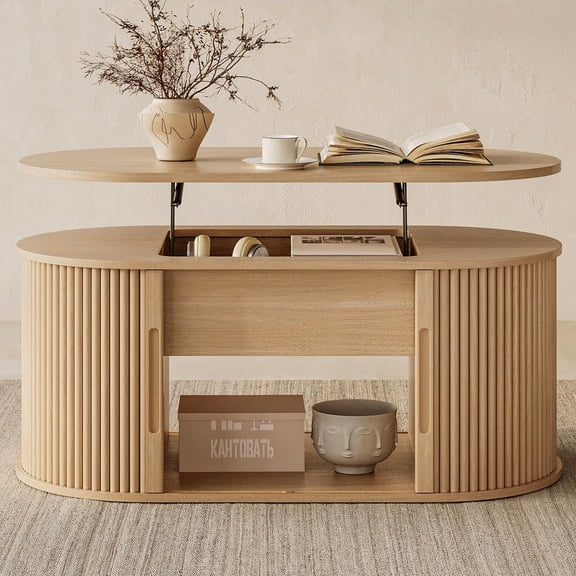 YounGG Lift Top Coffee Table, Oval Fluted Coffee Table with Storage, Boho Wooden Coffee Tables with Sliding Tambour Door, 39" Center Table for Living Room, Office, Small Space, Natural Oak