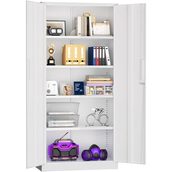 YounGG Metal Storage Cabinets, 71" Steel Storage Cabinet with Lock, Tall White Cabinet with 2 Doors and 4 Adjustable Shelves for Garage, Home Office, Classroom, File, Easy Assemble