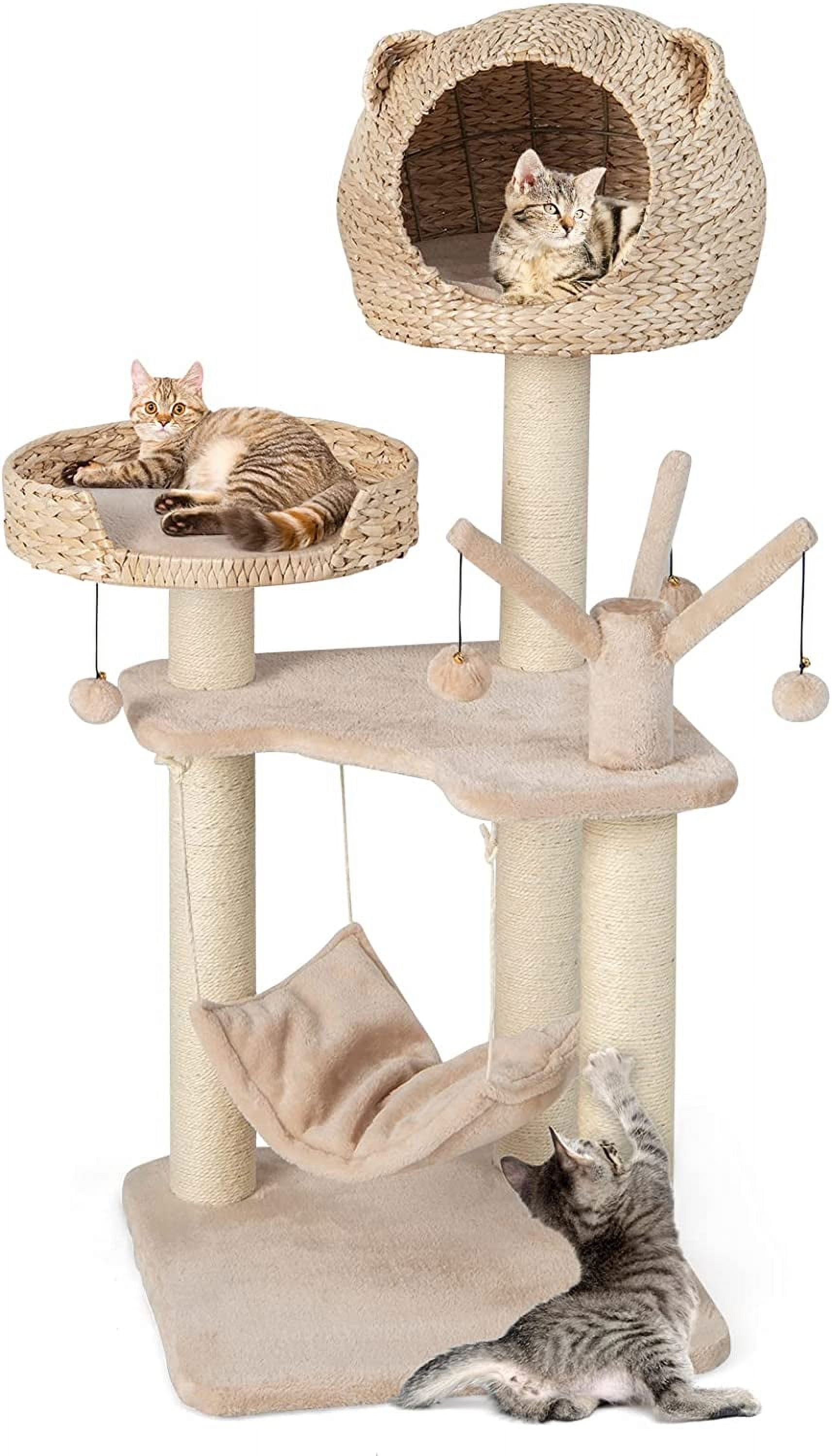YounGG Modern Cat Tree Tower, Multi-Level Tall Activity Center with Natural Sisal Scratching Posts, Hammock, Hand-Made Cattail Cute Condo with Funny Toy Balls