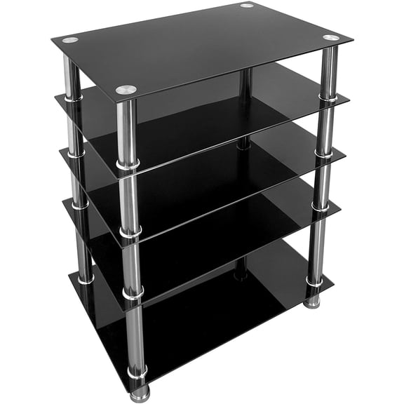 YounGG Mount-It! Tempered Glass AV Component Media Stand, Audio Tower and Media Center with 5 Shelves, 220 Lbs Total Capacity, Black Shelves Chrome Legs (MI-8671)