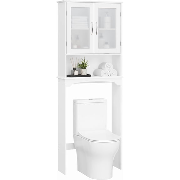 YounGG Over The Toilet Storage Cabinet with Double Tempered Glass Doors and Adjustable Shelf, Freestanding Bathroom Storage Rack, 66 Inches Height