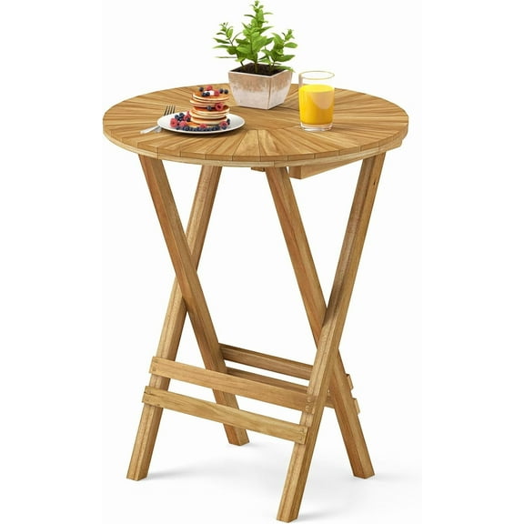 YounGG Patio Folding Side Table, 23.5" Teak Wood Round End Table with Slatted Tabletop & X-Shaped Frame, Portable & Compact Bistro Table for Backyard, Poolside, Garden, Fully Assembled, Natural