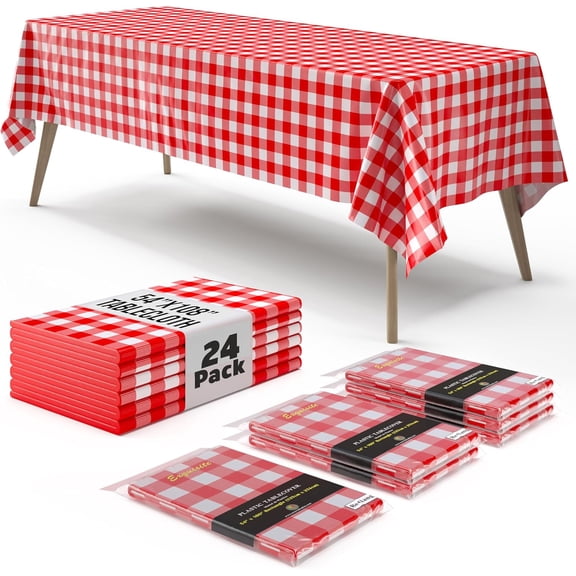 YounGG Picnic Table Cover - 24 Pack Premium Rectangle Plastic Tablecloth - Red & White Checkered BBQ Plastic Table Cover - Gingham Checkerboard Disposable Plastic Tablecloth 54" x 108" Rectangle