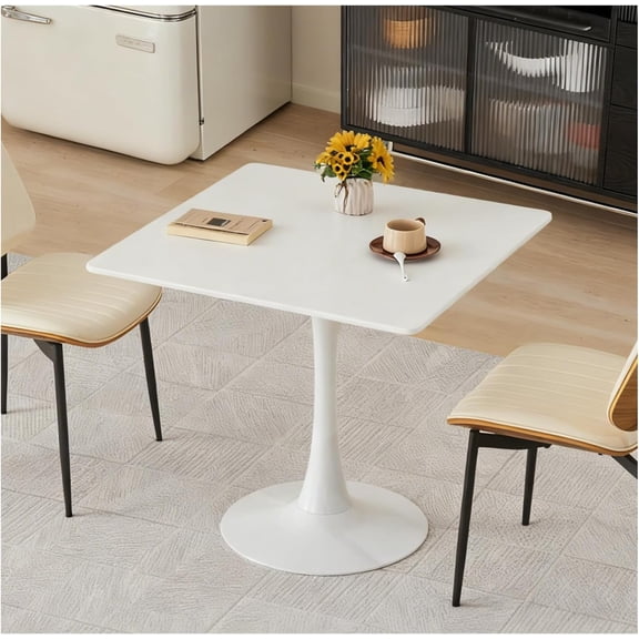YounGG Square Dining Table, 31.5" Tulip Table with Thickened Tabletop & Metal Pedestal, Mid Century Modern Bistro Table for Kitchen, Small Places, Living Room, Cafe (White)