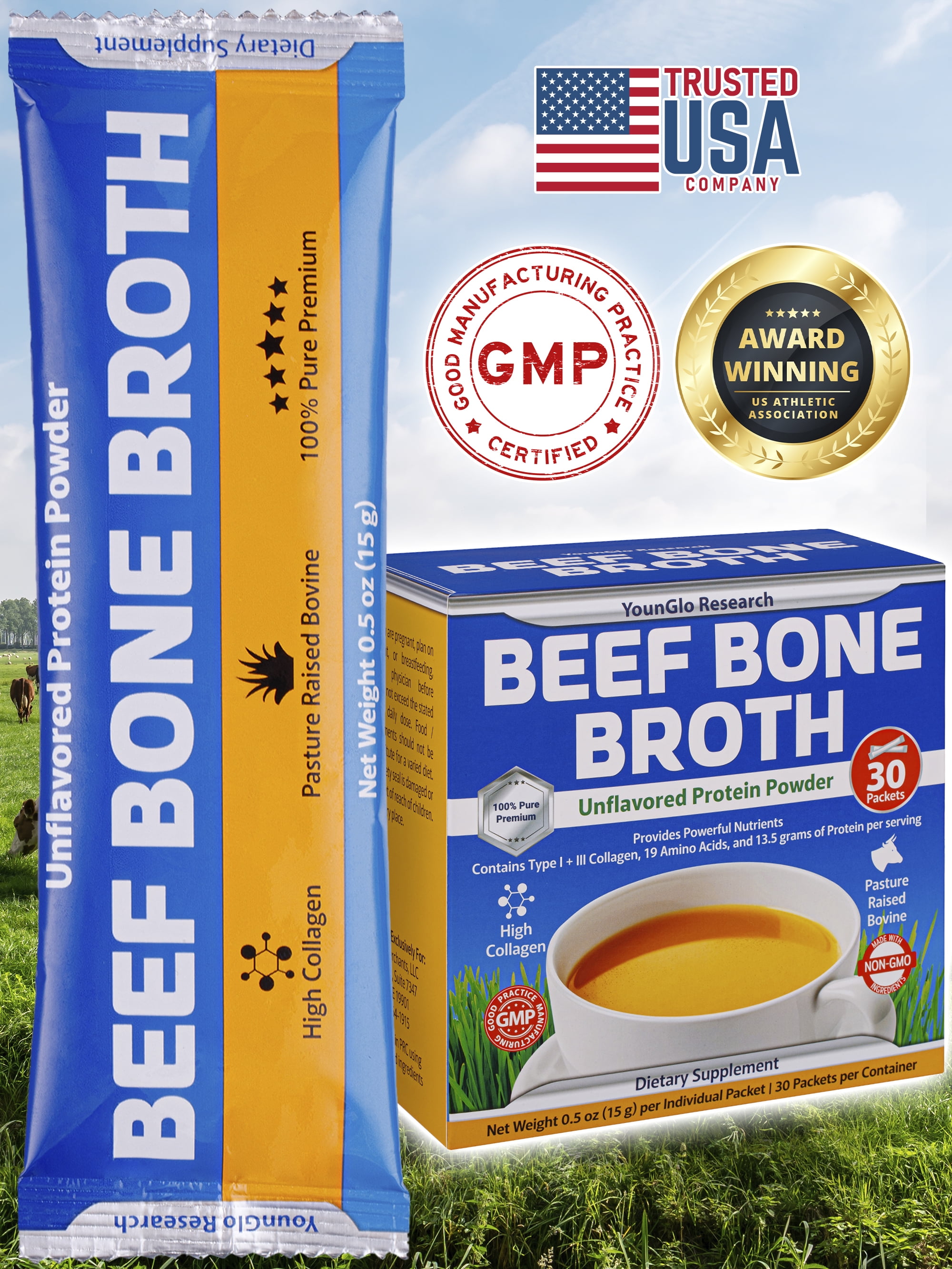 YounGlo Research Instant Beef Bone Broth Protein Powder Dietary Supplement, 30 Pouches W/ Individual Wrapper Packets, Unflavored Travel Sticks