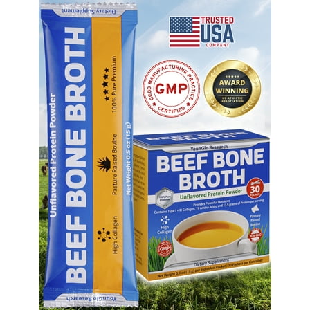YounGlo Research Instant Beef Bone Broth Protein Powder Dietary Supplement, 30 Pouches W/ Individual Wrapper Packets, Unflavored Travel Sticks