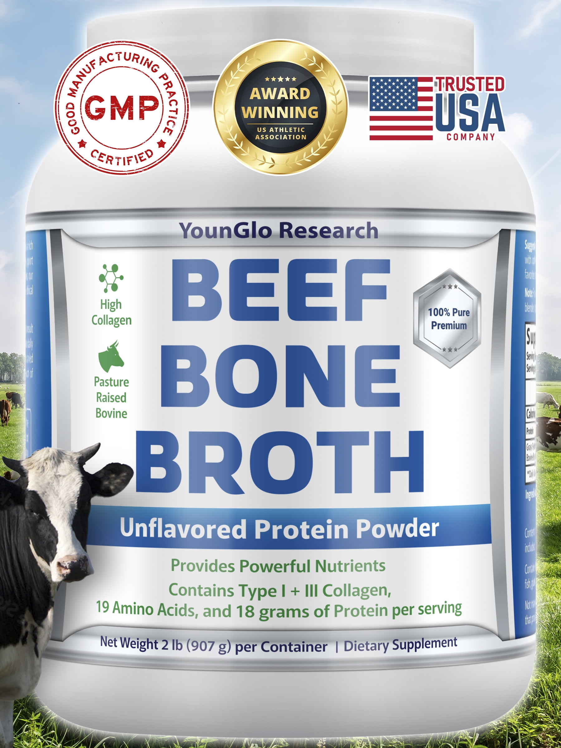 YounGlo Research Instant Bone Broth Protein Powder Dietary Supplement, 2 lb Unflavored