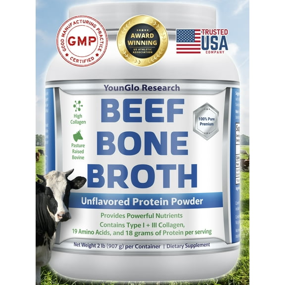 YounGlo Research Instant Bone Broth Protein Powder Dietary Supplement, 2 lb Unflavored