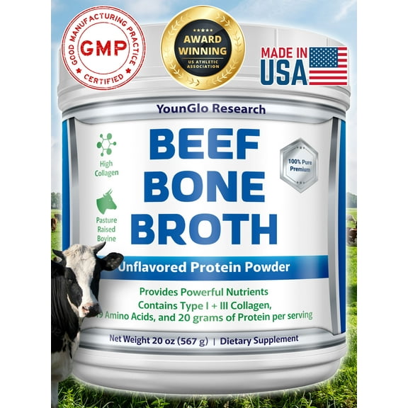 YounGlo Research Instant Bone Broth Protein Powder Dietary Supplement, 20 oz (1.25 lb) Unflavored, Made in USA