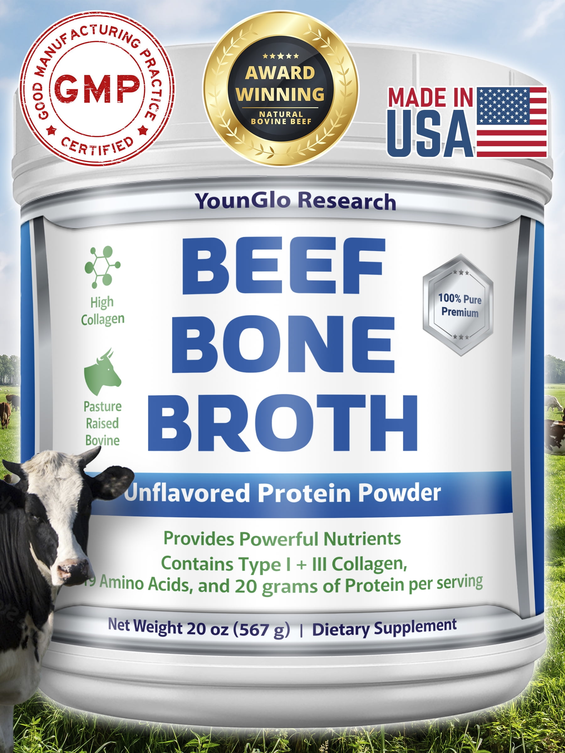 YounGlo Research Instant Bone Broth Protein Powder Dietary Supplement, 20 oz (1.25 lb) Unflavored