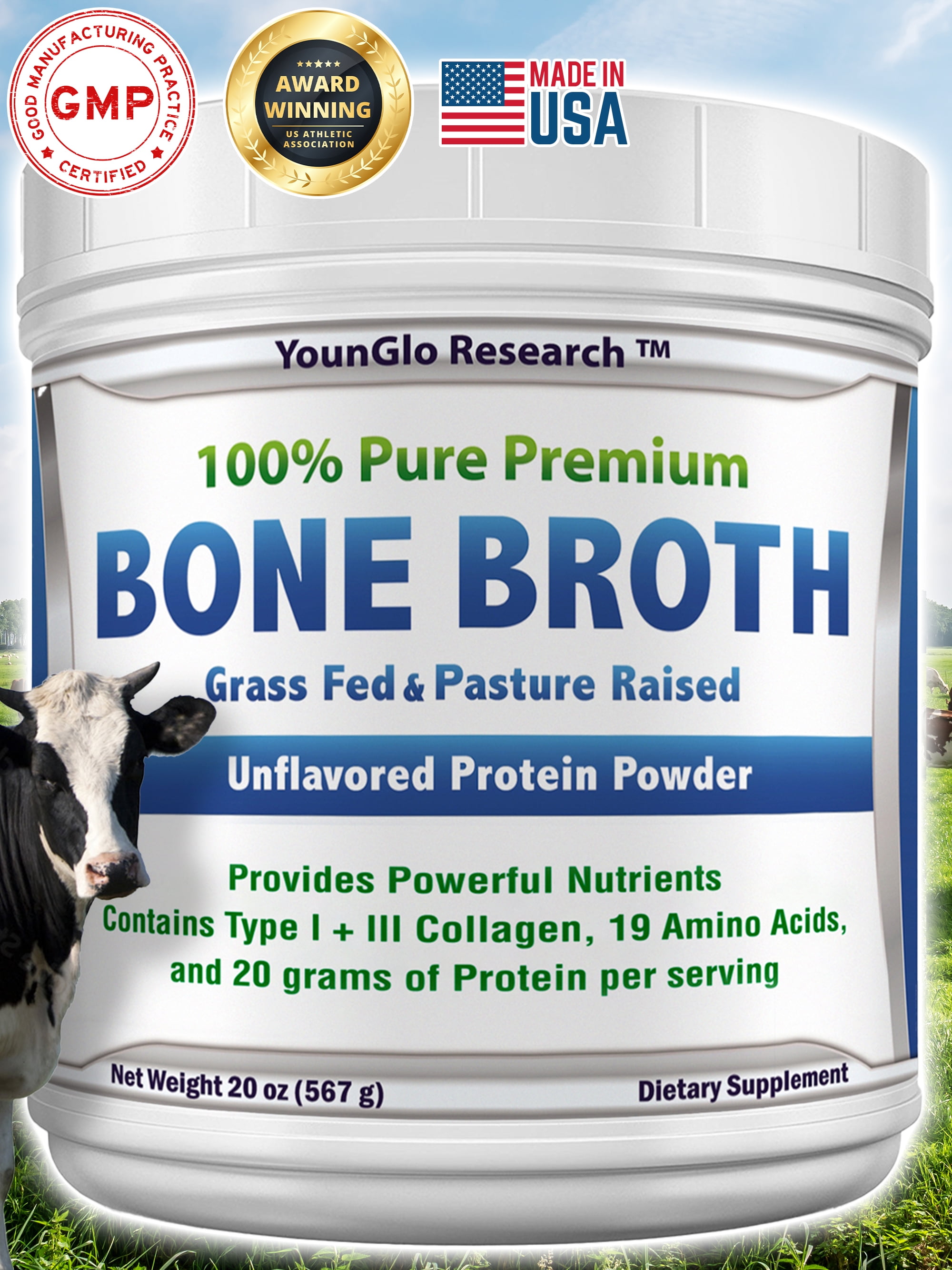 YounGlo Bone Broth Protein Powder, 20oz, Unflavored, Dietary Supplement