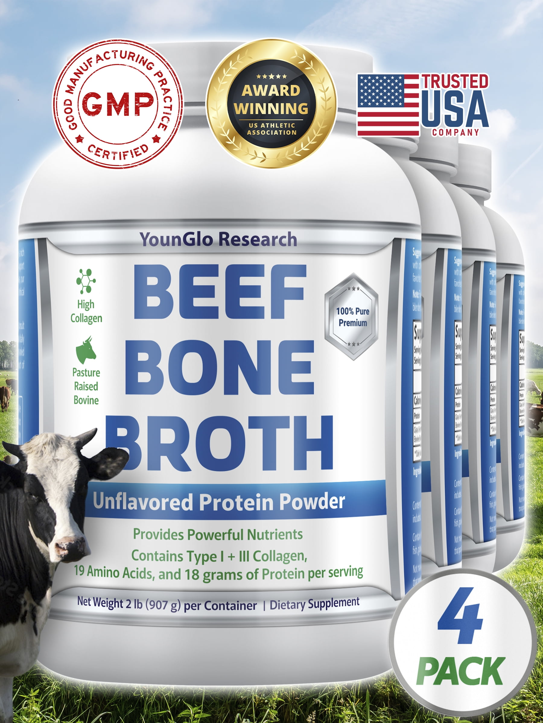 YounGlo Research Instant Bone Broth Protein Powder Dietary Supplement, Set of 4, 2 lb Unflavored, Bulk