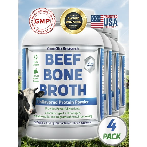 YounGlo Research Instant Bone Broth Protein Powder Dietary Supplement, Set of 4, 2 lb Unflavored, Bulk