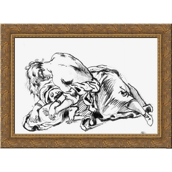 Yound Woman Leaning over a Woman Stretched out on the Ground 24x18 Gold Ornate Wood Framed Canvas Art by Eugene Delacroix