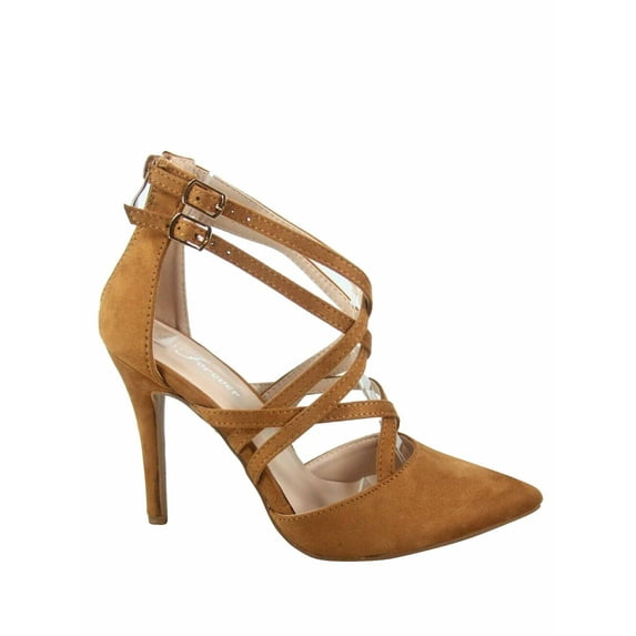 Young- 04 Women's Pointy Toe Ankle Strap Strappy Zipper Stiletto Pumps Shoes ( Tan, 7.5)