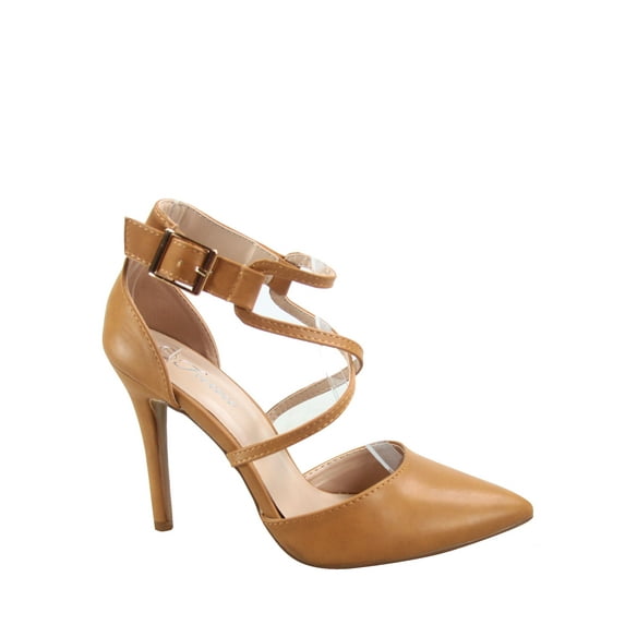 Young-8 Women's Pointy Toe Ankle Strap Zipper Stiletto Pumps Shoes ( Tan, 9)