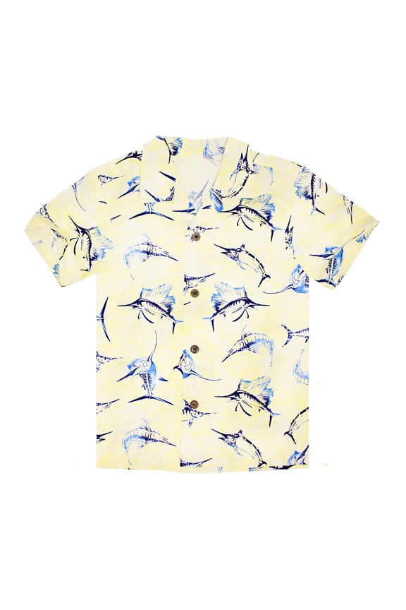 Young Adult Boy Hawaiian Aloha Luau Shirt Only in Yellow Marlin Fish 16 Year Old