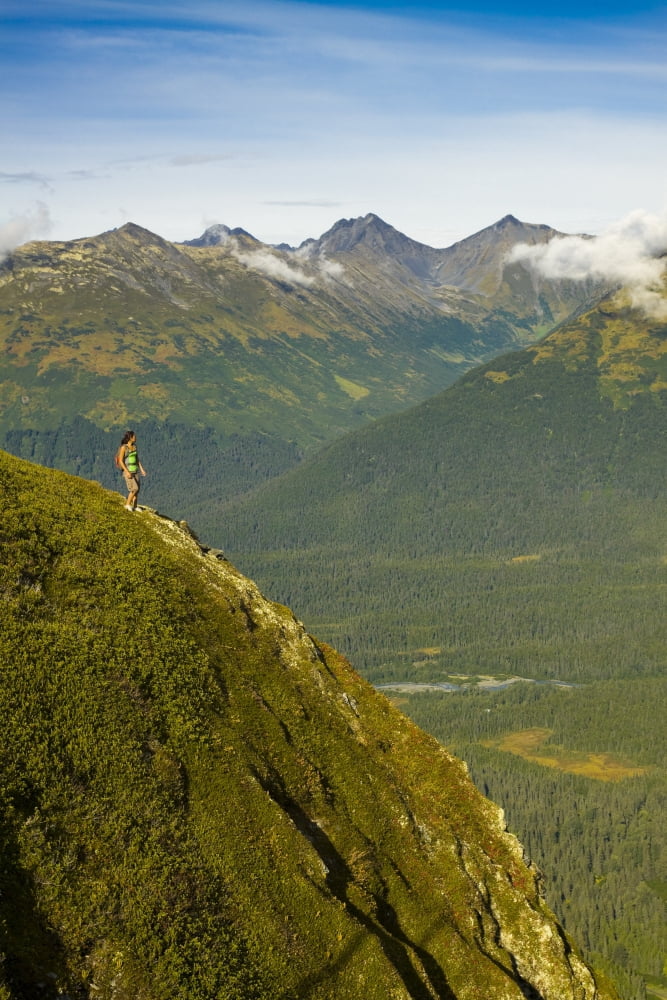 Young Adult Hispanic Woman Hiking On Top Of Mt Alyeska With View Of Chugach Mountains & Girdwood Valley In Southcentral Alaska Canvas Art - Michael DeYoung Design Pics (11 x 17)