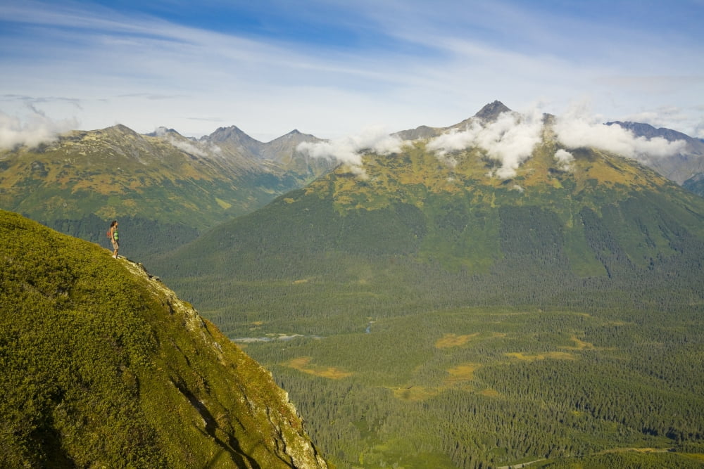 Young Adult Hispanic Woman Hiking On Top Of Mt Alyeska With View Of Chugach Mountains & Girdwood Valley In Southcentral Alaska Canvas Art - Michael DeYoung Design Pics (34 x 22)