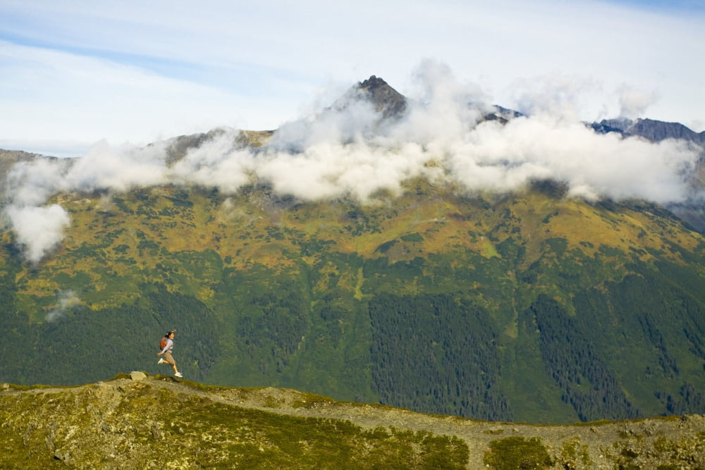 Young Adult Hispanic Woman Hiking On Top Of Mt Alyeska With View Of Chugach Mountains Near Girdwood In Southcentral Alaska Canvas Art - Michael DeYoung Design Pics (34 x 22)