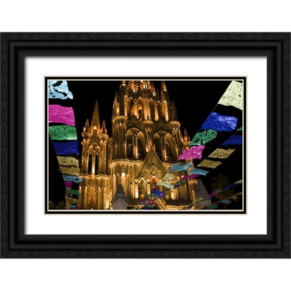 Young, Bill 14x11 Black Ornate Wood Framed with Double Matting Museum Art Print Titled - Mexico Festival banners in front of a church