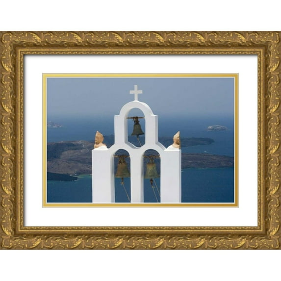 Young, Bill 18x13 Gold Ornate Wood Framed with Double Matting Museum Art Print Titled - Greece, Santorini Church bell tower with sea