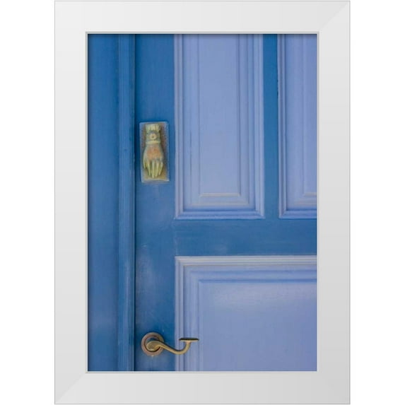 Young, Bill 18x24 White Modern Wood Framed Museum Art Print Titled - Greece, Santorini Blue door with knocker