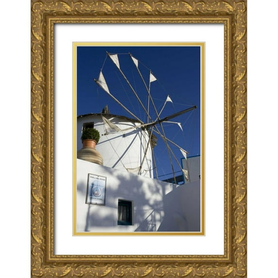 Young, Bill 23x32 Gold Ornate Wood Framed with Double Matting Museum Art Print Titled - Greece, Santorini Windmill against blue sky