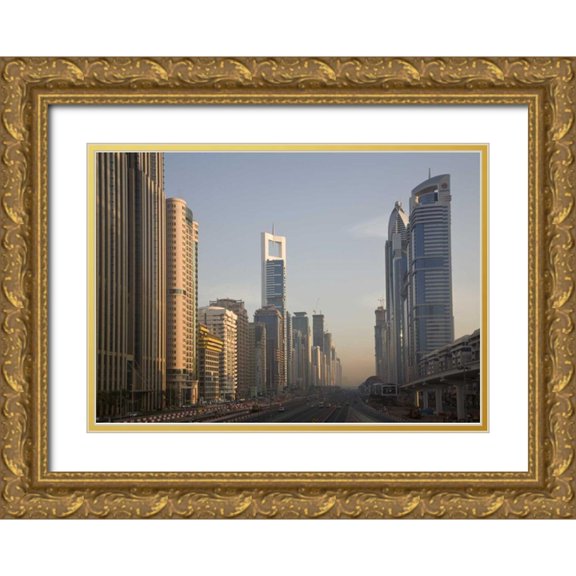Young, Bill 24x18 Gold Ornate Wood Framed with Double Matting Museum Art Print Titled - UAE, Dubai Towers along Sheik Zayed Road