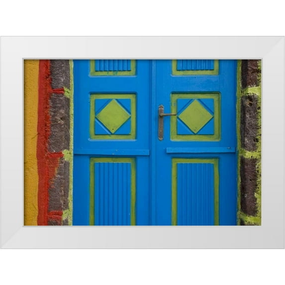 Young, Bill 24x18 White Modern Wood Framed Museum Art Print Titled - Greece,Thira, Oia Blue and lime green door
