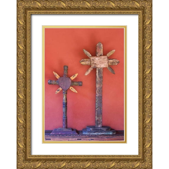 Young, Bill 24x32 Gold Ornate Wood Framed with Double Matting Museum Art Print Titled - Mexico Two wooden crosses against red wall